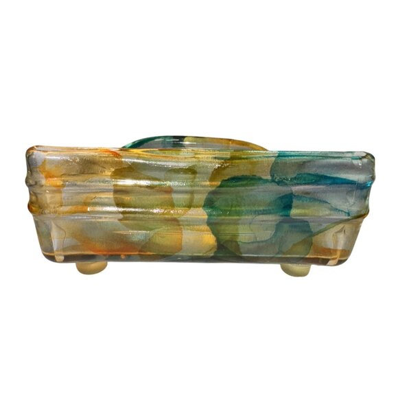 Handmade Fused studio art Glass Business Card Holder Yellow/Blue/Green - Picture 2 of 6